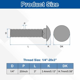 sourcing map 10 Set Carriage Bolts and Nuts Kit, 1/4"-20x3" Zinc-Plated Carbon Steel Round Head Square Neck Carriage Bolts Screws and Hex Nuts and Flat Washers - Black