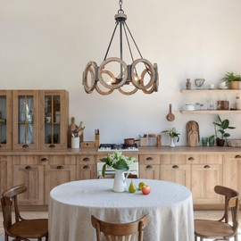 KSANA Farmhouse Chandelier, Wood Drum Light Fixture for Dining Room, Living Room, Bedroom, Kitchen Island and Foyer