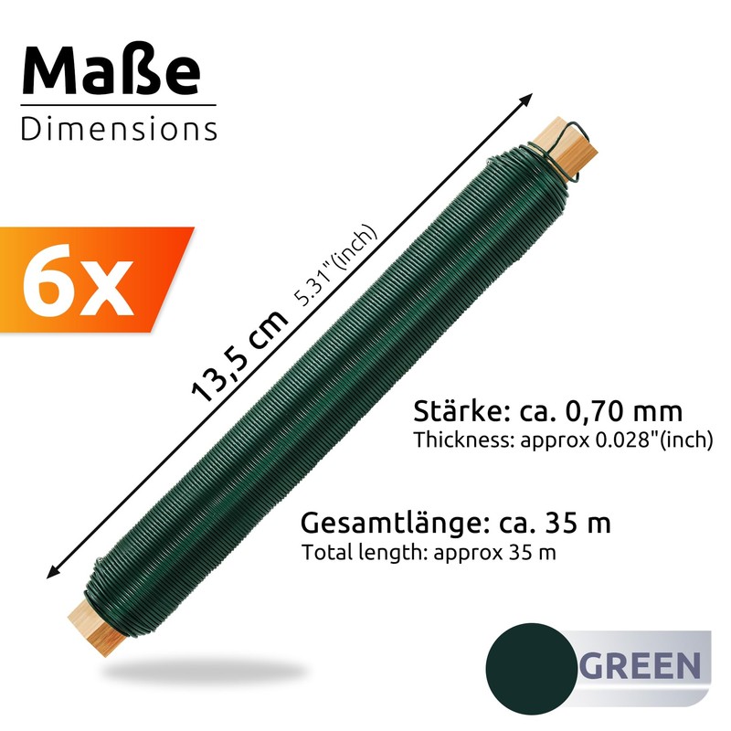Flower Wire, Craft Wire, Green, Pack of 6, 0.70 mm