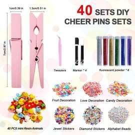 40 Set Cheer Pins Decorations Kit for DIY, Spirit Clips Clothes Wooden Pins for Cheer Bag, Colored Clothespins with Charms, Glitter & Letters for Back Packs and Team Cheer Gifts Bulk