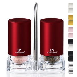 Signature Red Burgundy Salt and Pepper Shakers with Holder - Elegant Stainless Steel Salt Shaker and Pepper Shaker Set with Acrylic Holder for Kitchen Counter or Restaurant Table (2-Piece Set)