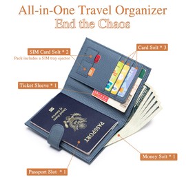 LnxLtw Women’s Leather Passport Cover – RFID Blocking Travel Passport Wallet with 1 Passport Slot & 3 Card Slots, Coin Pocket, & SIM Slot – Slim Genuine Leather Travel Organizer Denim Blue