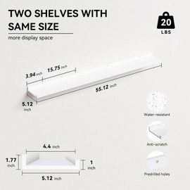 Boswillon 55.1 Inches Long Floating Shelves Wall Mounted, 2 Set Rustic Wall Shelf for Bedroom, Nursery Book Shelf with Lip, Picture Ledge Shelf for Wall Decor Living Room Bathroom Kitchen - White