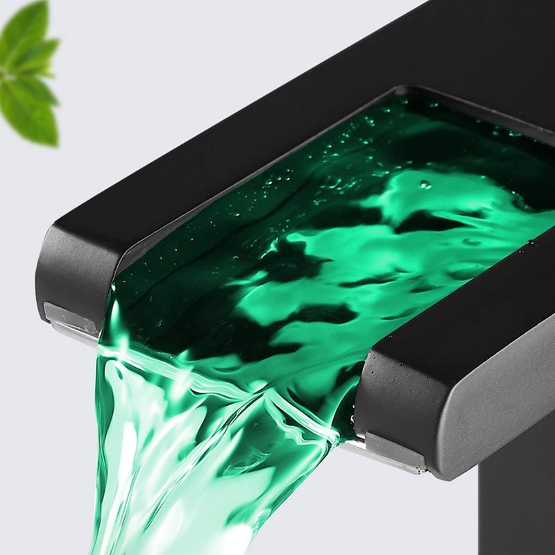 Black Bathroom Vessel Faucet Led Light 3 Color Changing Waterfall