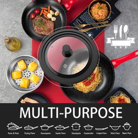 Universal Lid for Pots, Pans and Skillets - Tempered Glass with Heat Resistant Silicone Rim and Heat Resistant Handle Fits 9.5", 10.5" and 11" Diameter Cookware, Black