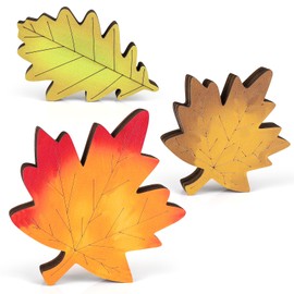 Fall Decorations for Home - 3 Pcs Rustic Maple & Oak Leaf Wooden Table Decor, Autumn Farmhouse Thanksgiving Signs for Mantel, Shelf, Tiered Tray