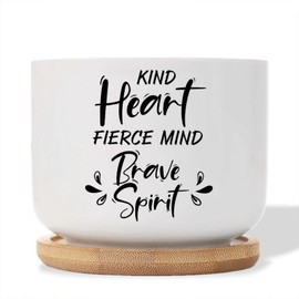 DecStic Kind Heart Fierce Mind Brave Spirit Planter Ceramic Bible Verse Round Plant Pot with Drainage Holes and Bamboo Tray Pot for Home Desktop Office Windowsill
