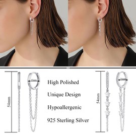 Deyanse Hoop Earrings Silver 925 Hanging Long Tassel Chain Dangle Small Hoop Earrings for Women Hypoallergenic Gold-Plated Zirconia Huggie Earrings Drop Earrings Dangle Earrings with Gift Box,