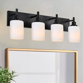 MELUCEE 4 Light Vanity Lights for Bathroom with Milky White Glass Shade, Modern Over Sink Light Black Bathroom Light Fixtures Wall Mount Lamp for Bathroom Dressing Room Laundry Room Kitchen