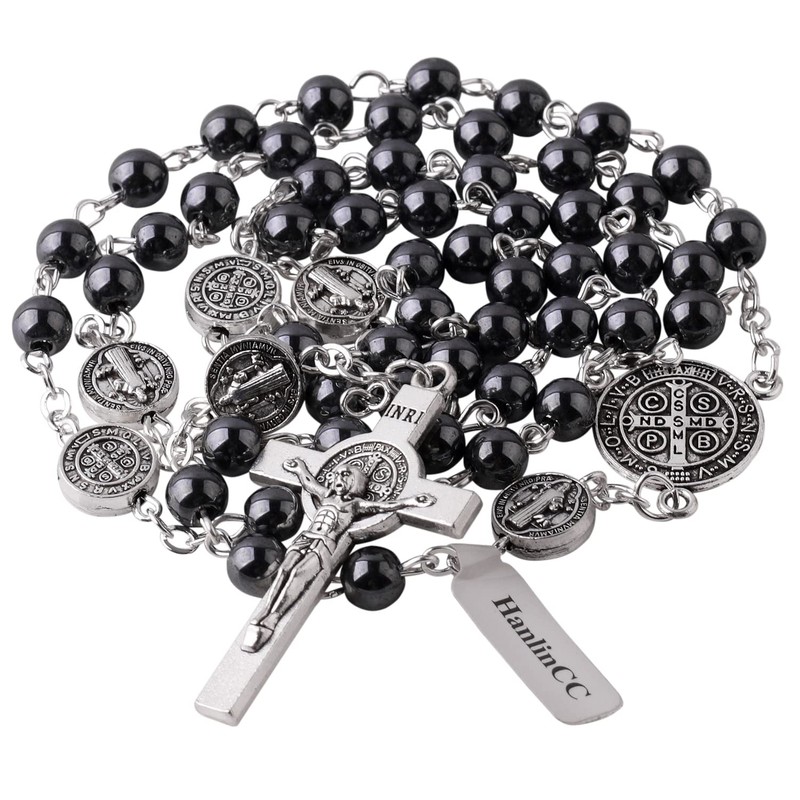 HanlinCC 6mm Hematite Stone Black Beads Catholic Saint Benedict Rosary