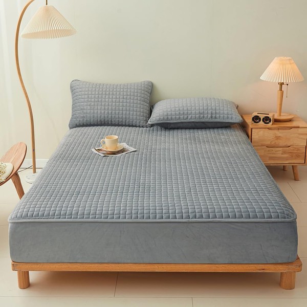 LweiPsqLin Quilted Flannel Fitted Sheets,Soft Flannel Fleece Mattress Top- Suitable