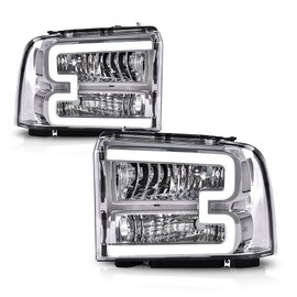 GRAND ORANGE LED DRL BAR Headlights Assembly Compatible with 2005 Ford Excursion/Fit 05-07 Ford F250 F350 F450 F550 Super Duty Head Lamps Clear Chrome