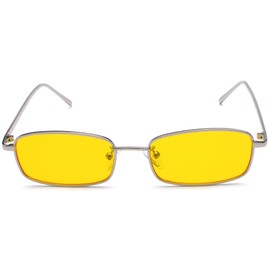 RUNHUIS Retro Classic Small Rectangle Sunglasses Women Men Vintage Slim Rectangular Metal Frame Glasses, Silver/yellow