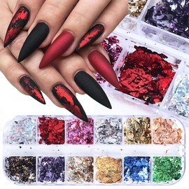 12 Colors Nail Art Glitter Foil 3D Ultra-Thin Gold Aluminum Flakes Special Sparkling Design Nail Art Supplies Holographic Glitter for Nail Decoration DIY Nail Art Tips for Woman Girls Make Up Party