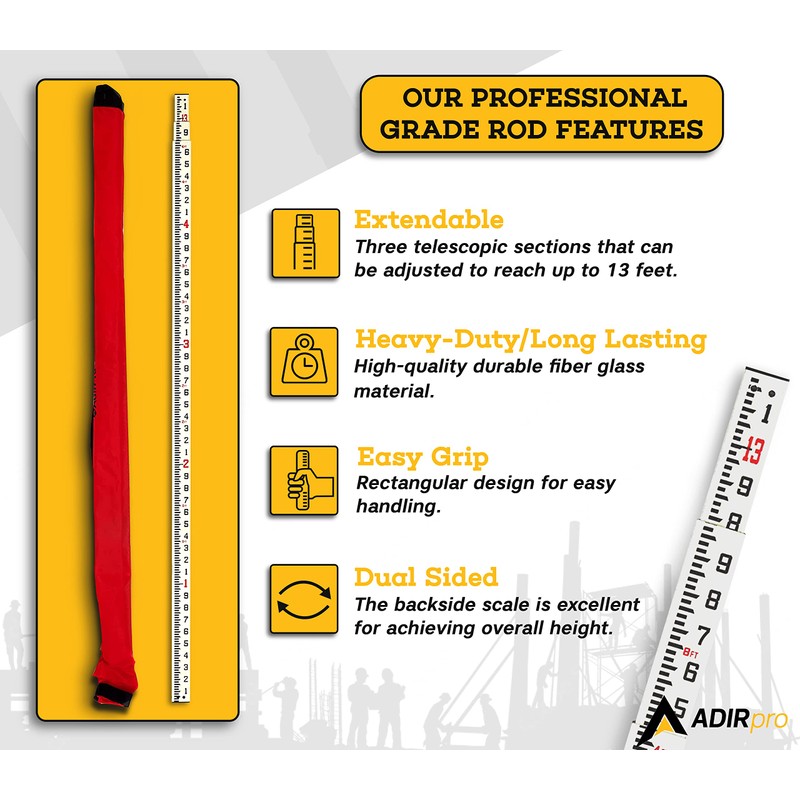 AdirPro 13-foot Fiberglass Rectangular Leveling Rods - 8ths, 3 Section