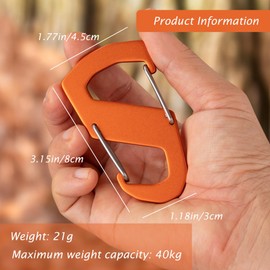 Pack of 2 The S-Type Carabiner Hook Key Ring Carabiner Aluminium Carabiner Key Ring Carabiner for Camping, Fishing, Hiking or Travel (Orange, L)