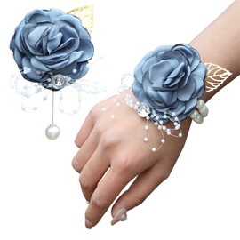 TSKDKIT 2PCS Blue-Gray Corsage for Wedding and Prom Rose Wrist Corsage Bracelet with Pearl Wrist Band, Ribbon Flower Wrist Corsage for Women, Girls, Bridal, Bridesmaid etc