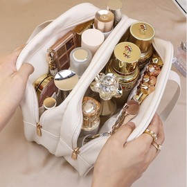 Neceser Maquillaje, Organizador Grande para Mujeres,Bolsa de cosméticos,Bolsa de Aseo Impermeable,Bolsa de Lavado Multifuncional y Portátil con Asa y Cremallera, para Baño (Blanco)
