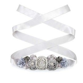 Lujuny Floral Bridal Maternity Sash Belt – Flower Ribbon Tie for Women Girls Wedding Pregnant Baby Shower Party Photoshoot (Gray)