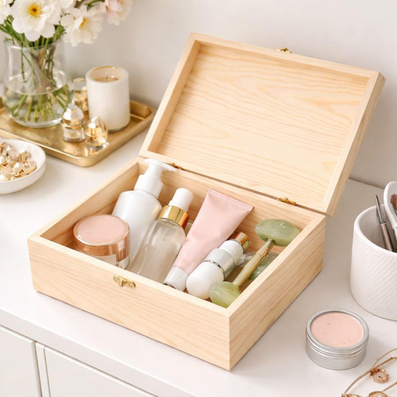 Large Unfinished Wooden Box with Hinged Lid, 10.6" x 7.6"