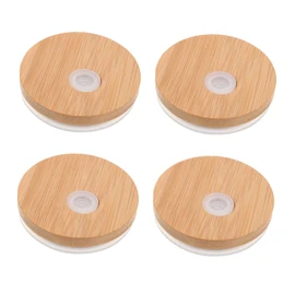 VICASKY 4Pcs Bamboo Jar Lids for Wide Mouth Jars Practical and Safe Lids with Straw for Home Camping Beverage Shops Airtight and Reusable