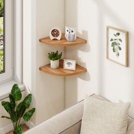 Fun Memories Corner Shelf Wall Mount Set of 2 - Solid Oak Wood Floating Corner Shelf with Cable Hole, 10in Rustic Design for Bedroom, Living Room, Kitchen (Natural)