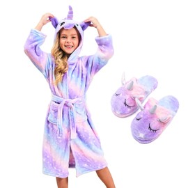 Piefry Unicorn Dressing Gowns for Girls Soft Hooded Robe Sleepwear with Unicorn Slippers, Unicorn Gifts for Girls (Purplish, 6-7 Years)