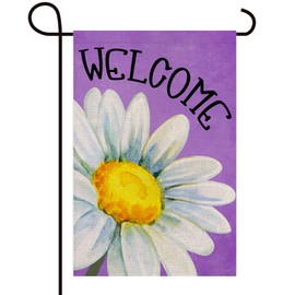 Texupday Welcome Daisy Floral Decoration Spring Double Sided Vertical Burlap Garden Flag Rustic Farmhouse Holiday Party Outdoor Yard Banner 12" x 18" (Purple)