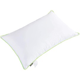 KASENTEX Premium Goose Down and Feather Pillows for Sleeping, 100% Cotton with Green Silky Piping, Breathable Plush Medium Soft - Three Layer Bed Pillows, Set of 2, White, King Size