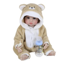 WAWA-HAOKEAI Baby Bear Oliver – 22-Inch Lifelike Newborn Baby Doll with Soft Full Vinyl Body, Rooted Brown Hair & Brown Eyes – Cozy Bear Outfit, Realistic Cuddly Doll for Kids Ages 3+