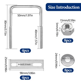 U-bolt M8 50 x 80 mm, pack of 4 U brackets with thread, U bolts with nuts and frame plates, U bolts, bracket clamp for pipe attachment, towing, car repair
