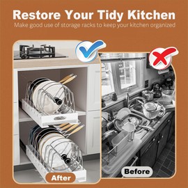 bealy Upgrade Pots and Pans Organizer Under Cabinet with Drip Tray, Pull out Cabinet Organizer Adhesive Pull Out Pot Lids Organizer and Storage with 9 Adjustable Dividers