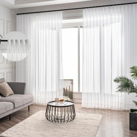 Ftinala Off White Pinch Pleated Sheer Curtains 96 Inches Long 2 Panels, Thin Textured Linen Look Living Room Drapes Window Decor, Ivory Sliding Glass Door Curtain with Rings & Hooks & Back Tab