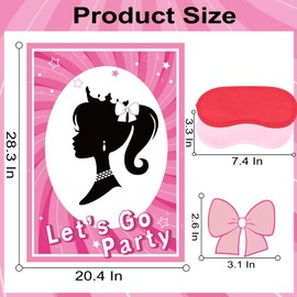 QISOLIY Pink Girl Party Game Decorations, Cute Girl Princess Pin The Bow on The Head Party Game Supplies, Large Poster with 24 Pcs Bow Stickers Favors for Kids’ Birthday Party