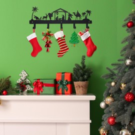 Nativity Christmas Stocking Holder, Metal Hanging Sign with 5 Hangers for Fireplace Mantel, Christmas Stocking Holder Stand for Wall, 17 Inch, Black