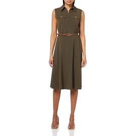 Halston Women's Sleeveless V-Neck Belted Commuter Dress, Sage