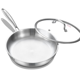 DELARLO Tri-Ply Stainless Steel Frying Pan with Lid, Compatible with All Cooktops Up to 600℉, Heavy Duty, 8 inch Fry Pan with Lid, Fast & Even Heat, 8 inch Skillet, 18/10 Stainless Steel Pan