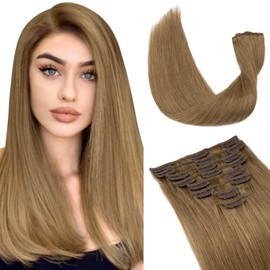 S-noilite Light Brown Clip in Hair Extensions Human Hair for Women Normal Weft 8Pcs Full Head Hair Extensions Clip ins(12 Inch,#06 Light Brown)