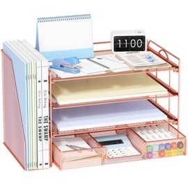 OPNICE Desk Organizers and Accessories, 4-Tier Paper Letter Tray Organizer with Removable File Holder + Drawer, Office Desktop Workspace File Organizer for Office Supplies Desk Accessories (Rose Gold)