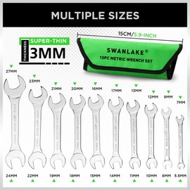 SWANLAKE 10Pcs Super-Thin Open End Wrench Set, CR-V Steel, Metric, 5.5x7mm to 24x27mm