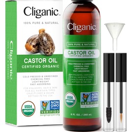 Cliganic Cliganic USDA Organic Castor Oil, 100% Pure (8oz with Eyelash Kit) - For Eyelashes, Eyebrows, Hair & Skin | Natural Cold Pressed Unrefined Hexane-Free