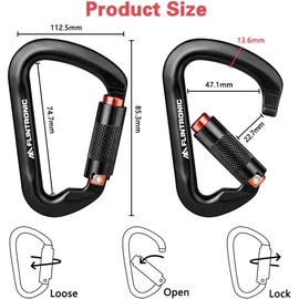 flintronic Carabiner with Screw Cap, 2 Pieces 30KN Carabiner Hook Screw Cap, Carabiner with 3000 kg Load Capacity, Heavy Duty, for Hammocks, Camping, Hiking, Backpack (Black)