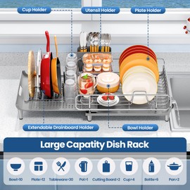 TOOLF Expandable Dish Rack, Dish Drying Rack for Kitchen Counter, Foldable Dish Dryer Rack, Stainless Steel Dish Drainer Racks with Cutlery Holder, Collapsible Dish Drying Racks Large Size,Gray