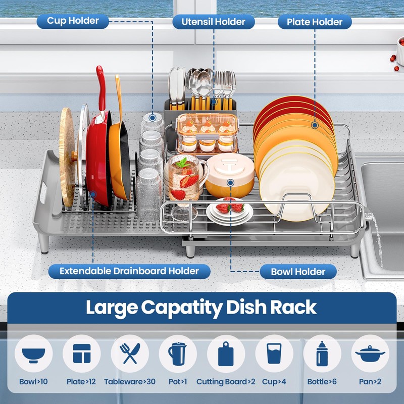 TOOLF Expandable Dish Rack, Dish Drying Rack for Kitchen Counter,
