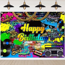 Avezano Hip Hop Birthday Party Backdrop Throwback Retro Music Bday Banner Decor Graffiti 80's 90's Birthday Party Background (83x59 inch)