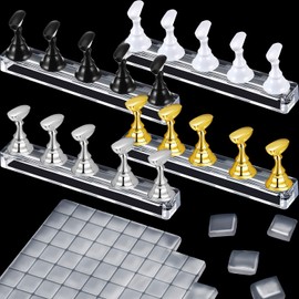 Juego de 4 soportes magnéticos para uñas acrílicas, soportes magnéticos para práctica de uñas, soporte de entrenamiento de manicura y 126 piezas de masilla adhesiva de arcilla transparente reutilizable (oro, plata, negro, blanco)
