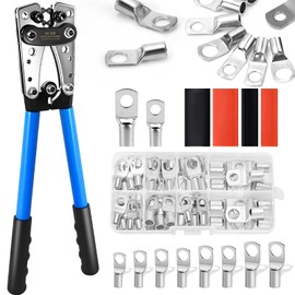 Battery Cable Crimping Tool,AWG 10-1/0 Lug Crimper with 100pcs Heat Shrink Tubing and 60pcs Copper Wire Lugs,0 Gauge Wire Crimper with 8 Sizes Cable Lugs Set for Battery Cable Terminals