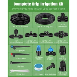 Pawfly 250 ft Drip Irrigation System, Quick-Connect Drip Irrigation Kit with 50ft 1/2" & 200ft 1/4" Tubing and Accessories, Garden Watering System for Greenhouse,Yards,Lawn,Raised Bed