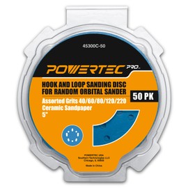 POWERTEC PRO 50PK, 5 Inch Sanding Discs Hook and Loop, 40/60/80/120/220 Grit, Ceramic Orbital Sander Sandpaper for 5 & 8 Hole Random Orbital Sanders - Automotive, Paint, Metal, Woodworking (45300C-50)