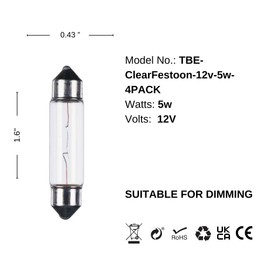TBE Lighting Replacement Festoon Bulbs, PACK OF 4 Xenon lights for Undercabinets & Car Interior Lighting. Clear glass finish, Warm White colour - 12v / 5w / Dimmable 11mm x 41mm Energy efficient Bulbs